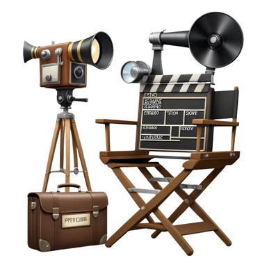 Icon for Directing: a director's chair, a film clapperboard, large movie camera, vintage megaphone and a stage with a spotlight. The icon should represent the creative and organizational aspects of directing, with focus on storytelling, staging, and performance. Transparent background. sticker