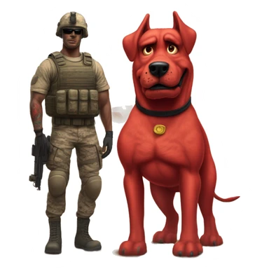 Desert storm humanoid Clifford the big red dog muscled with tattoos on arms book illustration as a military call of duty character standing alone with submachine  sticker