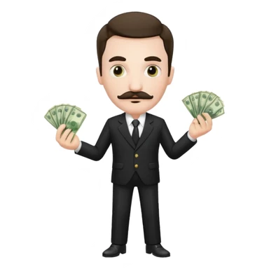 suspicious man uin a suit with a mustache and money sticker