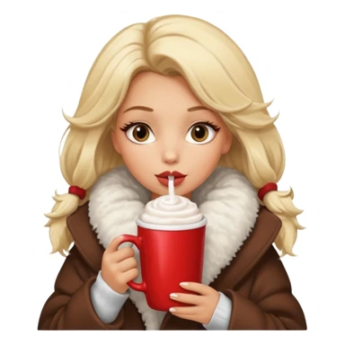 Tanned Girl with lashes , blonde hair, in an extremely big fluffy oversized coat and hold hot chocolate drink and vertically short eyes , big lip sticker