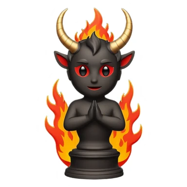Minimalist emoji-style sticker of an Oscar-like statue with horns and fire at the base, thick black and red colors, silhouette style sticker