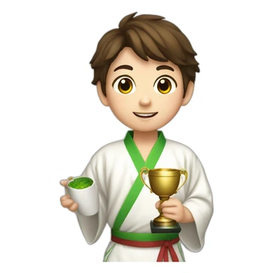 a 12-year-old boy with brown hair with a prize cup high in his hand in a white kimono with a green belt sticker