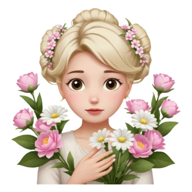 emojis.com a-girl--sitting--near-various-bouquets-of-flowers-,-white-and-pink-flowers-.-she-is-holding-a-single-white-flower-up-to-her-face,-her-hairstyle-is-slightly-messy-updo,-with-a-few-soft-strands-f (1) sticker