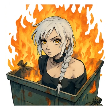 she is poking out from a garbage dumpster, fire, garbage fire, everything is on fire, a closeup portrait of young woman with gold yellow eyes, white hair, long braid, black off-shoulder top d-cup, punk gothic style, futuristic cyberwave cyberpunk, sticker