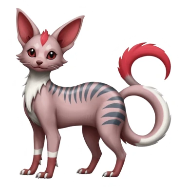 Minccino-Sphynx-Lykoi-Linoone-Zangoose-fusion-hybrid-animal-Fakémon-creature, full body, thin long sleek scaly tail, intricate markings sticker