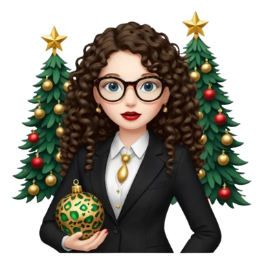 A girl with white pale skin, blue eyes, full lips, brunette long curly hair. She has a leopard print round-ish shaped glasses. She is wearing a all black suit. And she has red lipstick. She is putting gold ornaments happily to a christmas tree. sticker