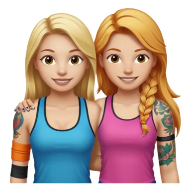 girl with long blonde hair and tattoos next to an athletic ginger girl colorful clothes sticker