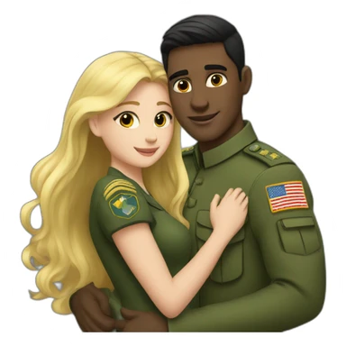 a blonde girl hugs a dark-haired man in a green military uniform sticker