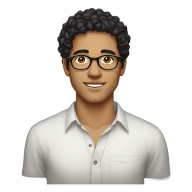 A beautiful Moroccan young man with curly, black hair and white skin, wearing round glasses and a shirt sticker