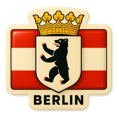 Create an icon for Berlin with a rectangular flag background that is white with red stripes. Center the Berlin coat of arms featuring a bear with a crown. The style should be less cartoonish and match the retro stickers style. Maintain exactly the same format and proportions as the Brandenburg icon from the provided reference image. sticker