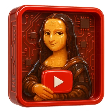 Mona Lisa with a mischievous smirk, holding a red YouTube play button, framed in a red glossy circuit style box sticker