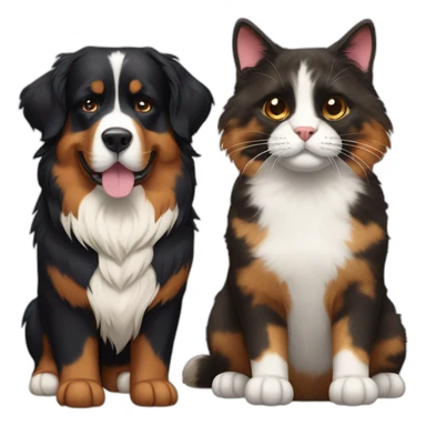 A Bernese dog next to A tortoiseshell cat with no white fur sticker