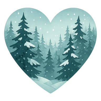 heart with a snowy pine forest theme, clean digital illustration, no background sticker