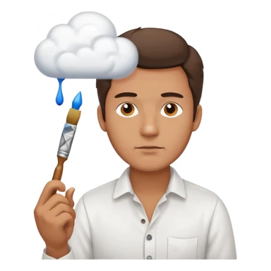a man in a white buttoned shirt with a thinking cloud picturing a brush sticker