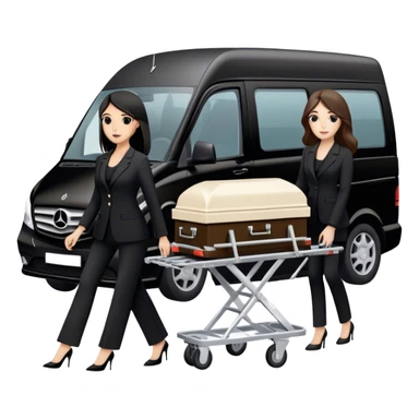 Two woman in black pants suits. One I brunette and one has black hair. They are pushing a funeral stretcher in to a black Mercedes Vito funeral van  sticker
