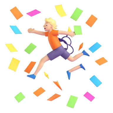 3D icon showing an energetic character leaping, multitasking, surrounded by arrows, sticky notes, spark effects, bright colors, vibrant lighting, playful chaos, planning theme sticker