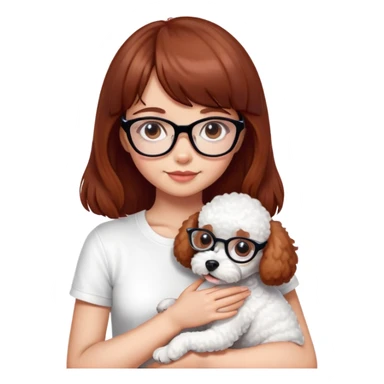 Mahogany haired girl with bangs, white glasses and a white t-shirt hugging a toy poodle dog sticker