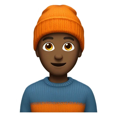 a young white man with a blue sweater and an orange beanie sticker