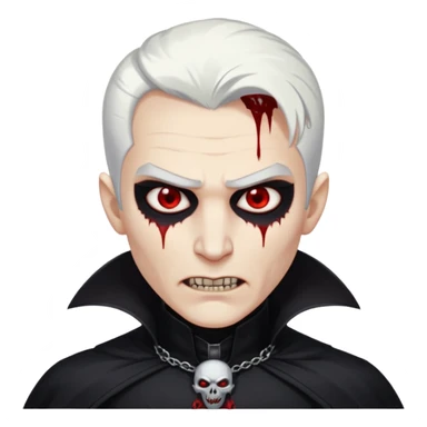 Creat a young man Vampire with white skin and white hair "make him have slide back hair" and full black vampire clothes and bloody eyes and long fangs and scary dead eyes and silver logo on his neck sticker