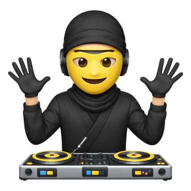Make a customized yellow head emoji with hands and holding a dj turn table  in a  ninja face mask sticker