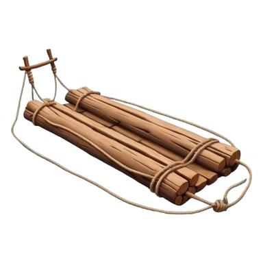 showing a simple wooden raft floating on calm blue water — made of several brown logs tied together with rope — gentle ripples around it — bright, cheerful lighting and soft shadows — minimalist, clean emoji design sticker
