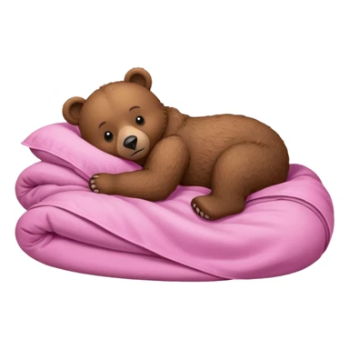 A brown bear lying on its side in a pink bed, curled up under the covers, trying to get comfortable. sticker