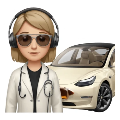 White tesla model 3 with a cool physician with dark blond hair, beats and sunglasses next to it sticker