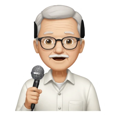 singer, Old man, singing, holding mic, white shirt glasses sticker