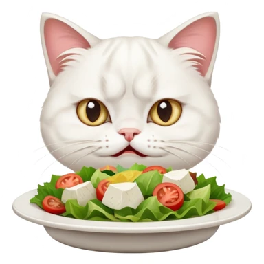 grumpy white cat sitting at a table, looking confused with its ears slightly back. In front of the cat is a plate with a salad with mouth a little open, and Disagree in the cat's face sticker