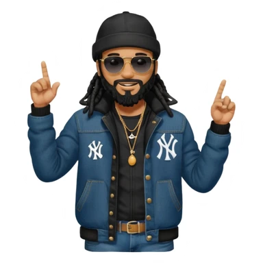 African American man with shoulder length black dreadlocks and black beard with black sunglasses wearing a black bubble winter coat with denim skinny jeans and timberland boots and a black New York Yankees baseball hat pointing finger sticker