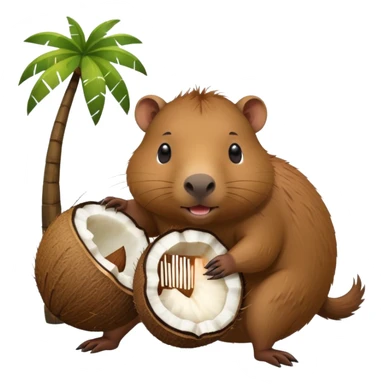 A capybara with a coconut body and the head comes out of the small opening in the coconut with arms and legs with four legs on the floor sticker