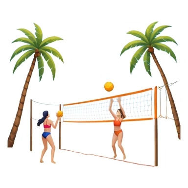 A volleyball resting on the orange sand of a beach, with a volleyball net in the background. The scene includes a beautiful beach landscape with blue sea, sky, and palm trees, while a couple of women in swimsuits play in the distance, capturing the relaxed yet competitive vibe of beach volleyball. sticker