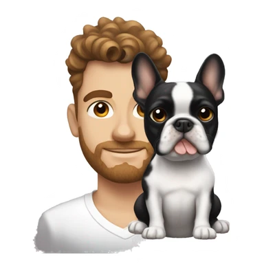 black-white frenchie dog next to his owner who is a white guy with brown curly hair  sticker