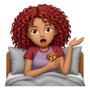 generate a pretty bratz brown skinned girl curly dark red hair, yawning in bed in a grey tshirt bored. sticker