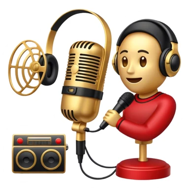 Create a dynamic and cinematic emoji that represents voice-over and dubbing in films. The design should feature a microphone, sound waves, and a film reel or movie clapperboard, symbolizing the connection between voice acting and film production. Add elements like headphones or a voice actor's silhouette to emphasize the human element of dubbing. Use vibrant, cinematic colors like gold, black, and red to create a sense of drama and creativity. The background should be transparent. sticker