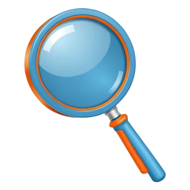 A stylized blue magnifying glass tilted right, flat design, minimalist, vibrant orange handle, white circular background, high resolution, 2048x2048 pixels, vector art, clean lines sticker