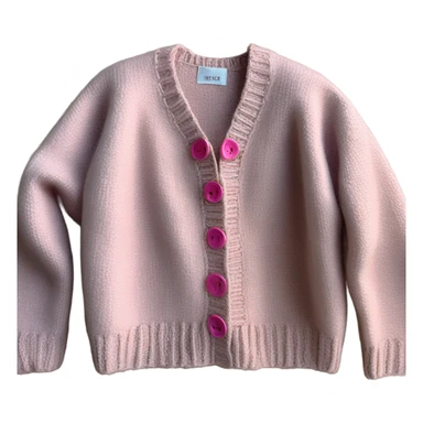 Sage oversize wool open short cardigan with pink buttons, isolated sticker