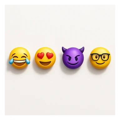 make four emojis on white background with good amount of shadow, four emojis of smiley's only. one laughing, second heart eyes, third purple devil and four black glasses emojis  sticker
