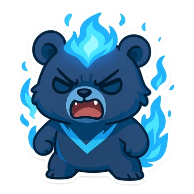 Transform the character into a super cute chibi version with a furious expression. Keep the blue flame details and overall color scheme. Make it look adorable but clearly angry in chibi stickers style. sticker