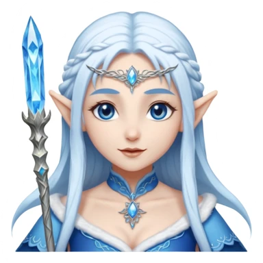 Legendary fantasy Christmas elf portrait icon, Santa Claus and Snow Maiden inspired, ancient winter spirit style, long flowing white-blue hair, glowing frost eyes, crystal staff, elegant elven features, divine winter magic aura, icy silver color palette, highly detailed but clean emoji icon sticker