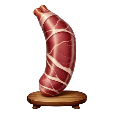 ​Cinematic Realistic Spanish Jamón Leg, depicted as a massive, cured leg of Jamón serrano (ham) with a deep reddish-brown hue, intricately marbled and slightly glossy with age, elegantly displayed on a rustic wooden stand and bathed in warm, soft lighting that accentuates its artisanal heritage, sticker