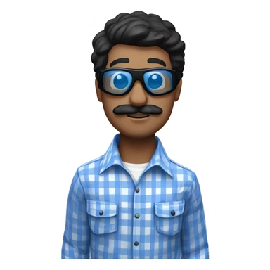 White man with straight black hair and thick black mustache, wearing a buttoned up blue and white gingham shirt and black skydiving goggles sticker