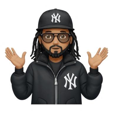 African American man with shoulder length black dreadlocks with black beard wearing black sunglasses wearing a black New York Yankees logo baseball cap wearing a black bubble winter coat with hands out with both palms facing down sticker