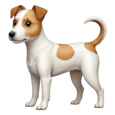 a full body white parson russell looking dog the size of a kelpie with light brown ears and a light brown patch on one eye and a large snout sticker