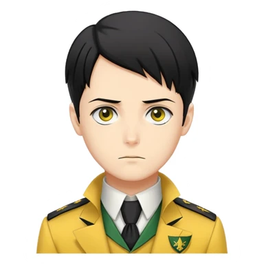 Levi Ackerman with black undercut hair, stern expression, wearing yellow uniform instead of green, with white cravat sticker