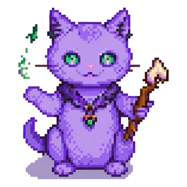 Make the purple cat casting a spell fly in pixel art style with no background, transparent background. sticker