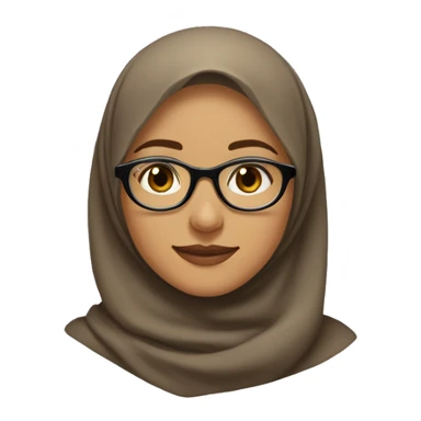 The image depicts a young woman wearing a light brown hijab and clear, round glasses. She is smiling softly, with a natural expression on her face. She is wearing a black outer garment,  sticker
