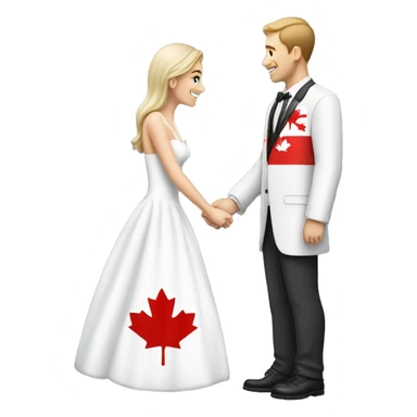 man wearing canadian flag shirt proposing to woman wearing a wedding dress sticker