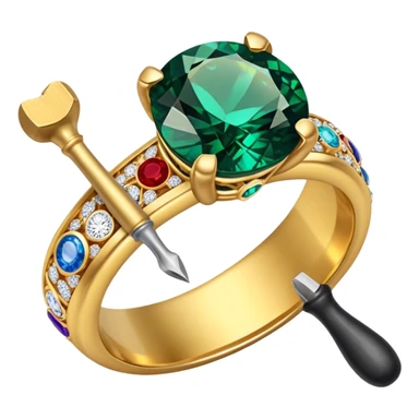 Create a bright and eye-catching emoji symbolizing jewelry craftsmanship and the art of making jewelry. Include a sparkling gemstone, a delicate ring, and tools like a hammer or chisel. The design should be elegant, with fine details and a luxurious feel, representing the precision and artistry of jewelry making. Use vivid colors like gold, silver, and deep jewel tones for the gemstone. Ensure the icon has a transparent background. sticker