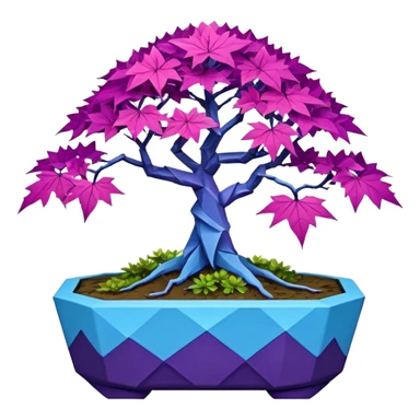 Futuristic alien maples Bonsai hair-fine-leaf group crimson crystal azalea purple and cream blue forest planting in shallow origami style pot  sticker